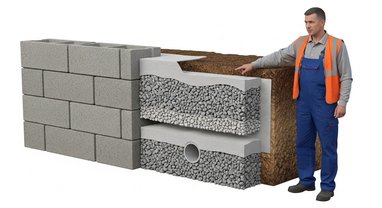 Подпорная стена с дренажом из переработанного щебня и геотекстилем