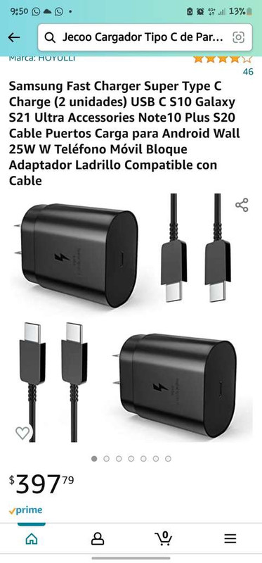 2 cargadores USB C carga rápida de 25 W vendido por Amazon E.U 