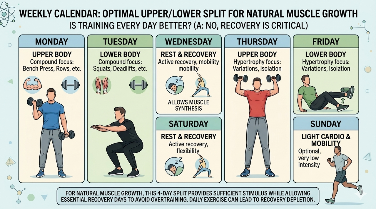 Weekly calendar showing upper/lower split workout schedule for is training every day better for natural muscle growth