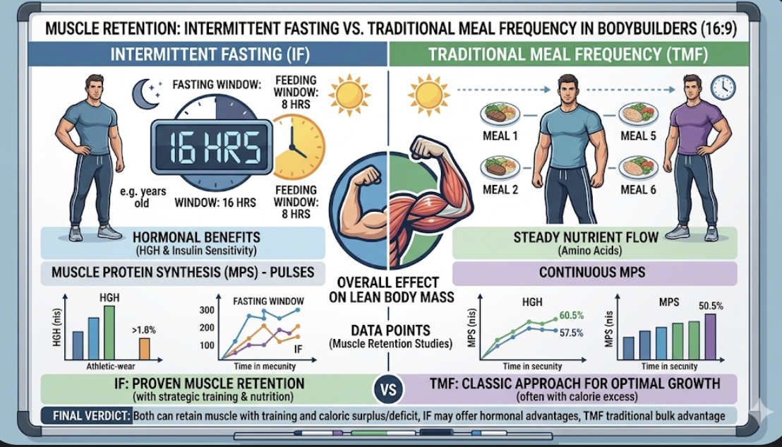 Comparison chart of intermittent fasting vs traditional meal frequency for bodybuilders showing muscle retention differences