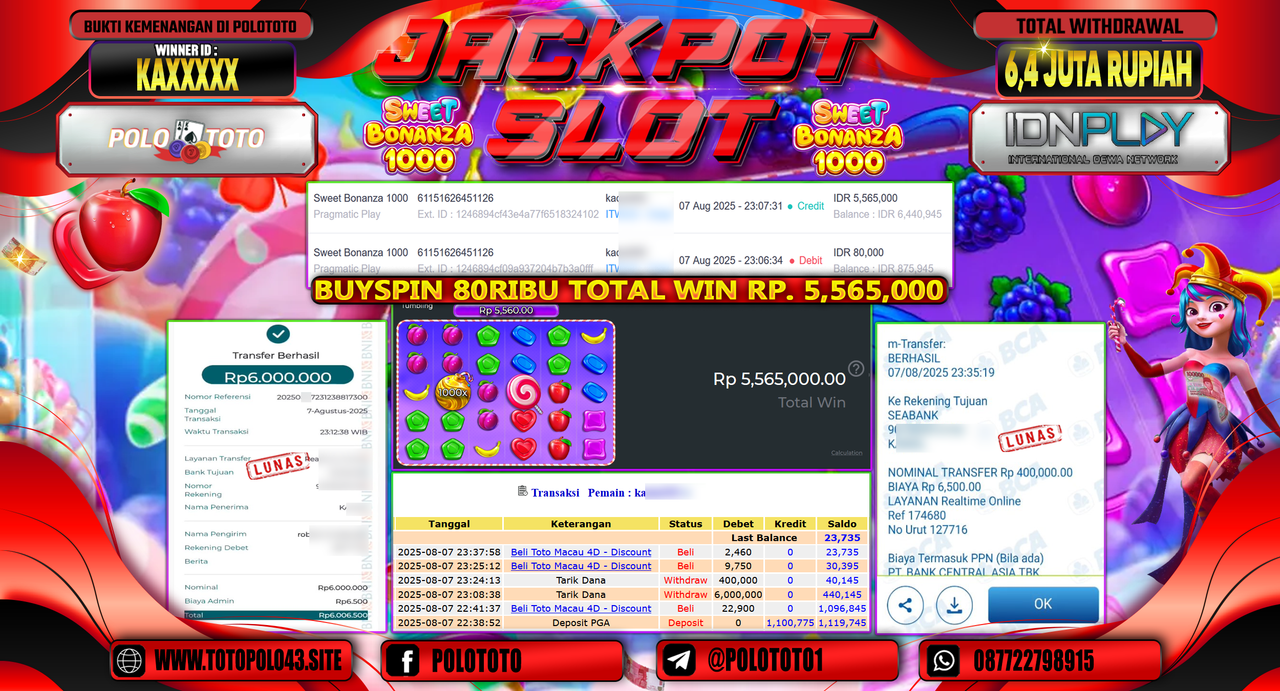POLOTOTO JACKPOT SLOT SWEET BONANZA 1000 Rp.6.400.000,-LUNAS