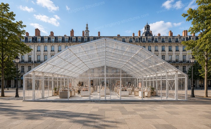 Multi-faceted event tent exterior showing folded plane design and shadow effects
