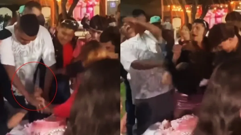 Hombre termina acuchillado por la cumpleañera al intentar arrojarla al pastel (Video)