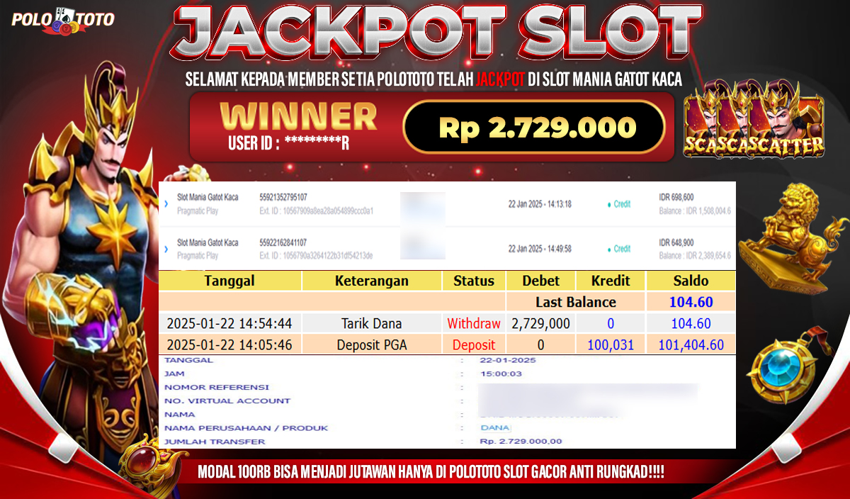 POLOTOTO JACKPOT SLOT MANIA GATOT KACA Rp.2,729.000,-