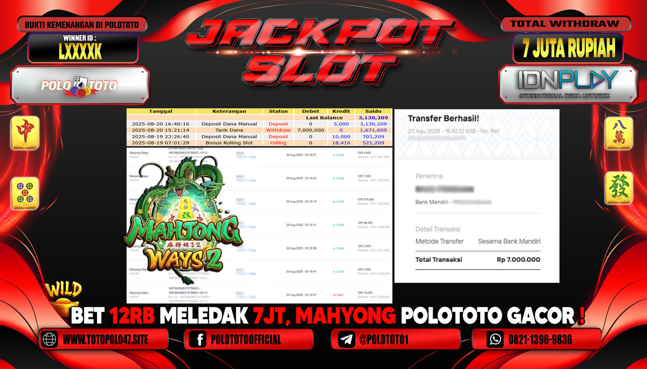POLOTOTO JACKPOT SLOT MAHJONG WAYS Rp.7.000.000,- LUNAS