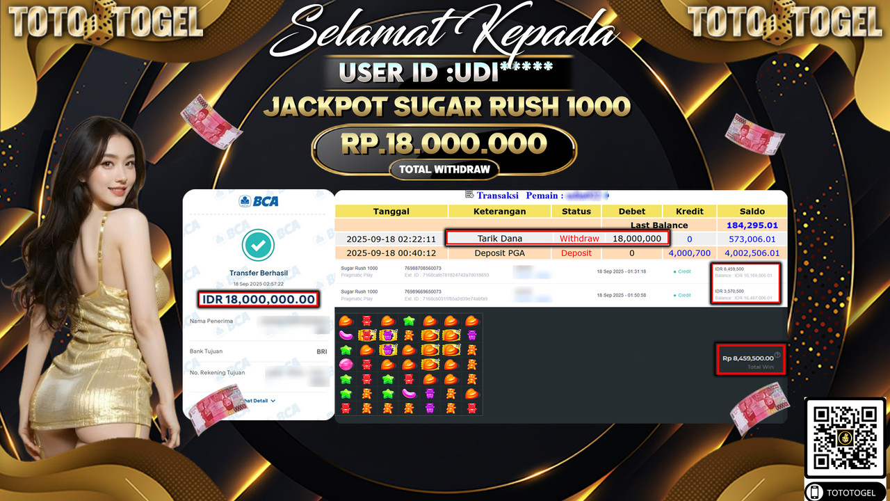 Bukti Pembayaran Jackpot Permainan Slot Sugar Rush 1000  ID:UDI*** LUNAS