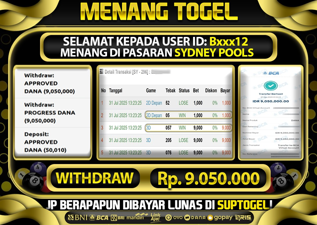 BUKTI KEMENANGAN 31 JULY 2025 MENANG DI PASARAN SYDNEY POOLS  TOTAL WD 9 JUTA