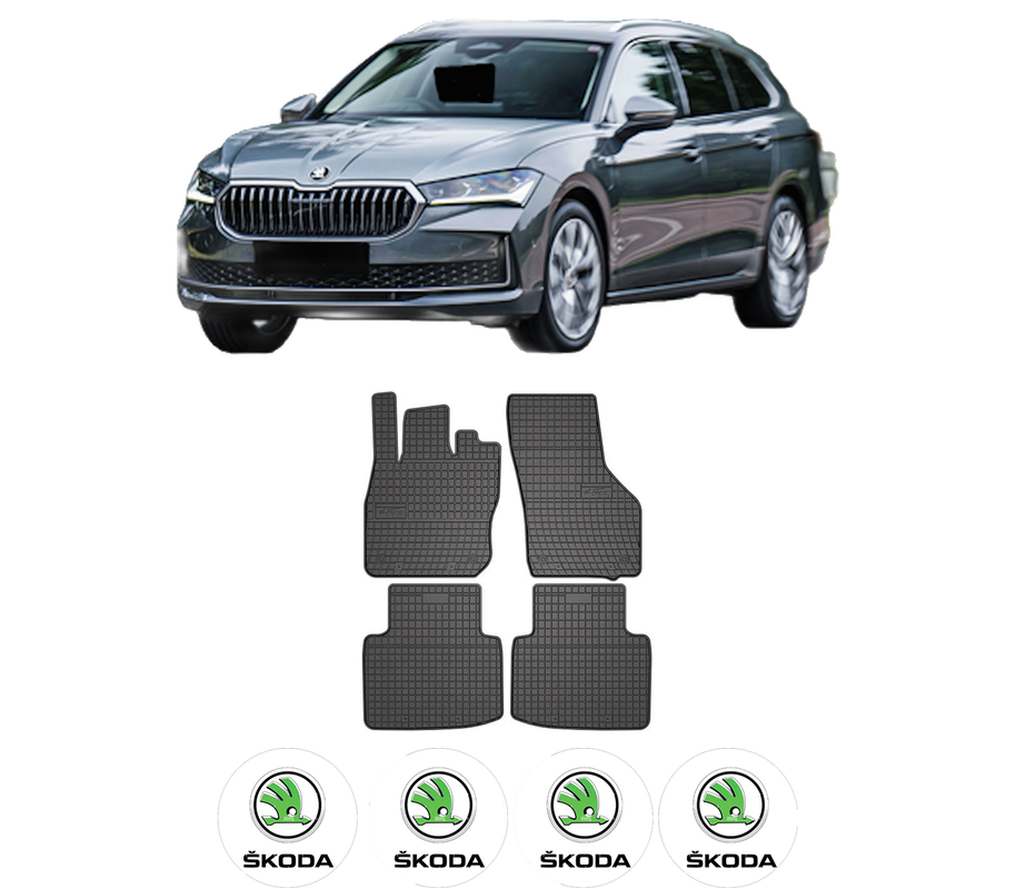 Set covorase presuri SKODA SUPERB IV Estate (NZ5) din 2023-2024, auto, din cauciuc thermoplastic, 4 Stickere auto cu SKODA