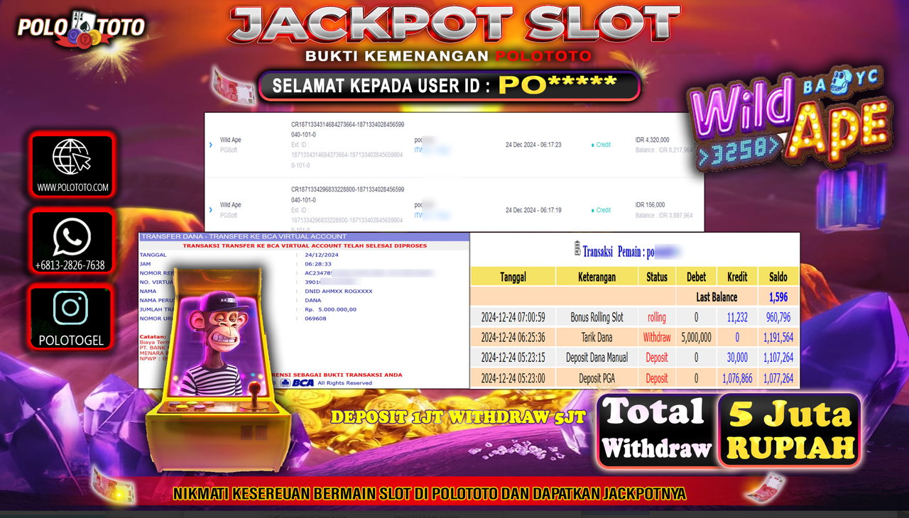 POLOTOTO JACKPOT SLOT WILD APE Rp.5,000.000,-