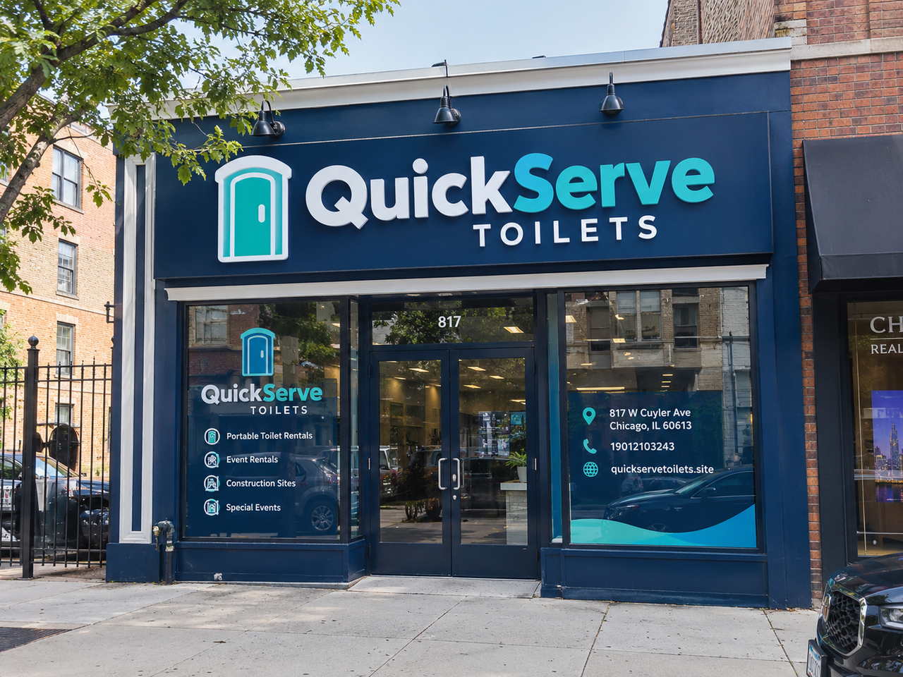 QuickServe Toilets storefront on a Chicago city block