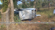 Damaged car after crashing into a tree in Gondia district
