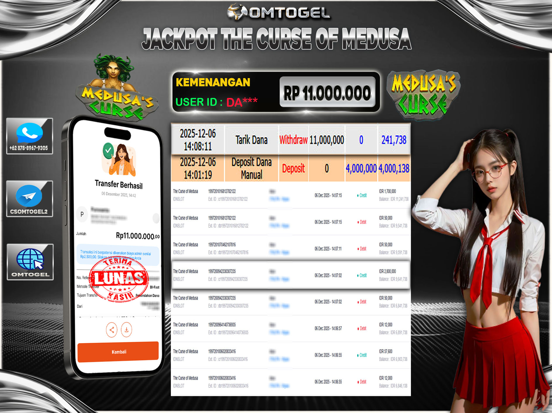 OMTOGEL JACKPOT IDNSLOT THE CURSE OF MEDUSA ,11 JUTA DI BAYAR LUNAS ,-