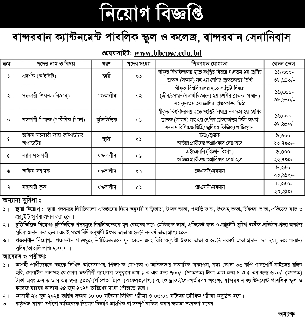 ক্যান্টনমেন্ট পাবলিক স্কুল এন্ড কলেজ নিয়োগ ২০২৪