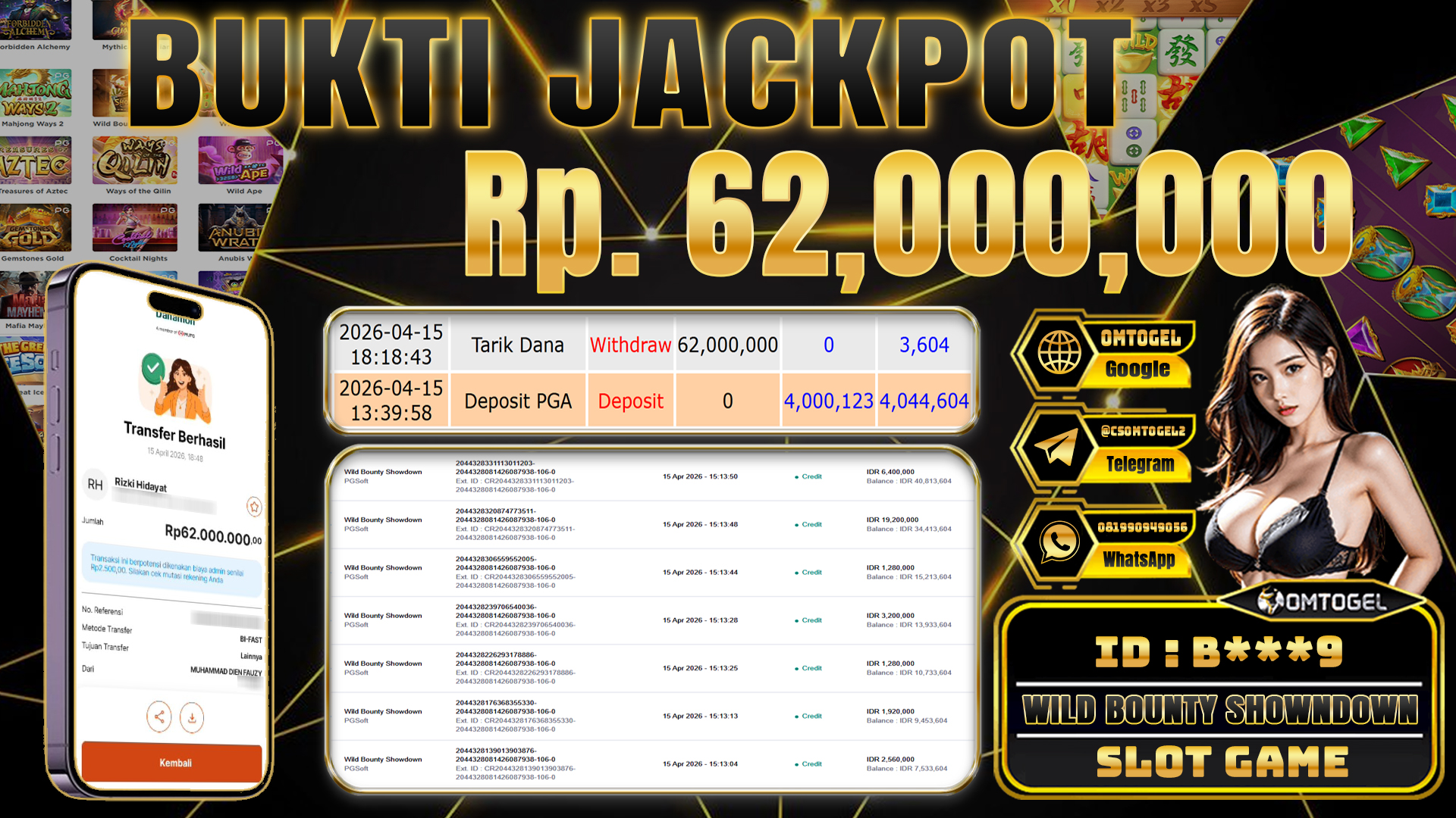 OMTOGEL JACKPOT PG SOFT WILD BOUNTY SHOWDOWN, 62 JUTA DI BAYAR LUNAS ,-