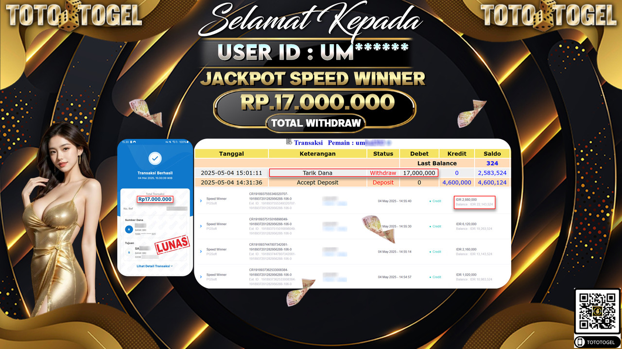 Bukti Pembayaran Jackpot  Permainan Slot Speed Winner ID:UM***** LUNAS