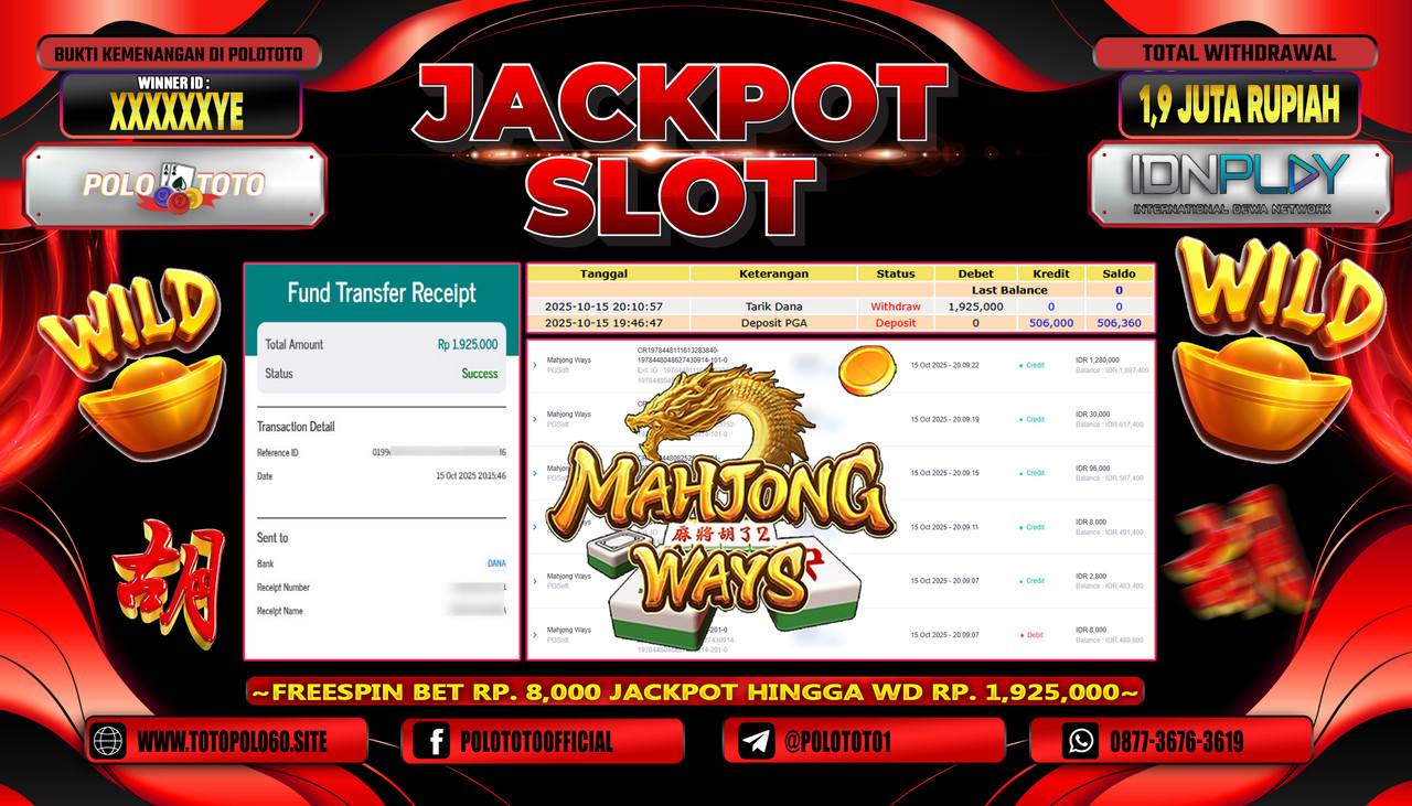 POLOTOTO JACKPOT SLOT MAHJONG WAYS Rp.1.900.000,- LUNAS