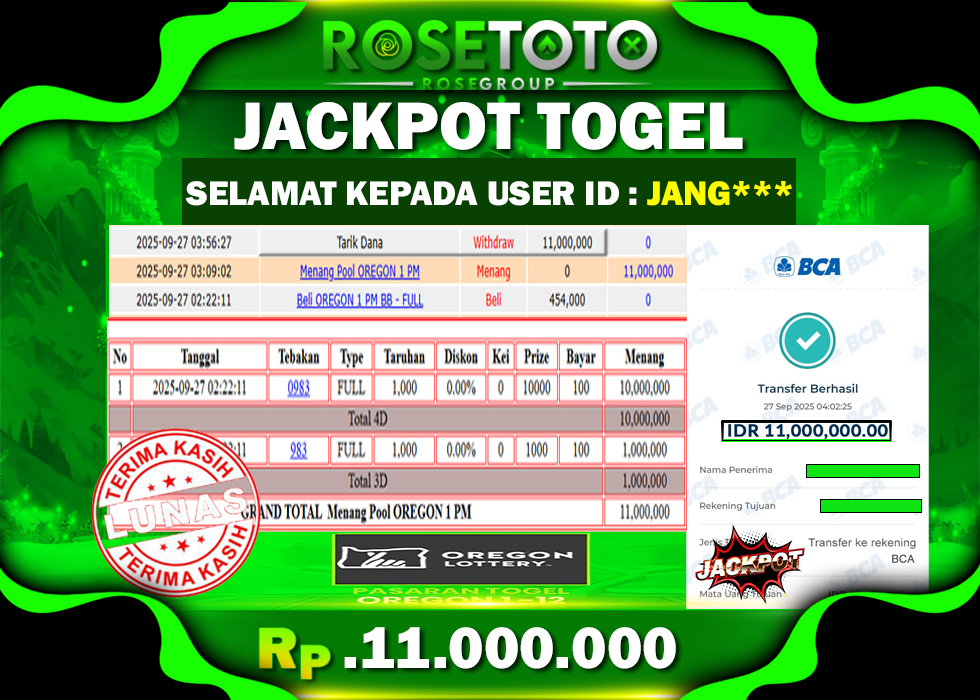 ROSETOTO JACKPOT TOGEL OREGON LOTTERY Rp.11.000.000.,- LUNAS
