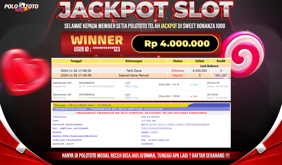 POLOTOTO JACKPOT SLOT SWEET BONANZA 1000 Rp.4.000.000,- LUNAS