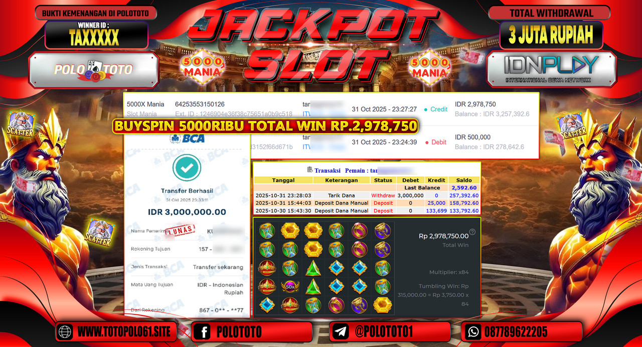 POLOTOTO JACKPOT SLOT 5000 X MANIA Rp.3.000.000,- LUNAS