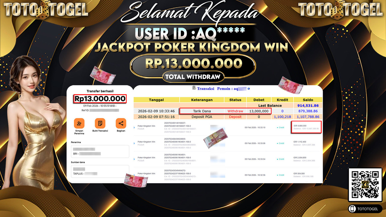 Bukti Pembayaran Jackpot Permainan Slot Poker Kingdom Win ID:AQ*****LUNAS
