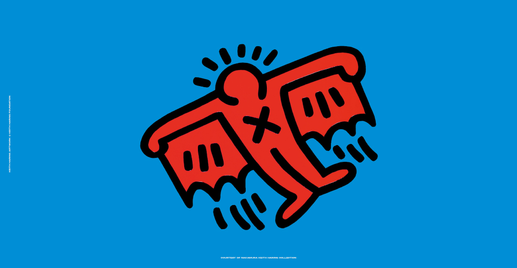 Keith Haring a Roma, opera con figura rossa su fondo azzurro esposta nella mostra a Palazzo Braschi