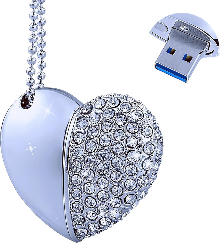 128GB USB 3.0 Flash Drive Diamond Heart with Necklace Memory Stick