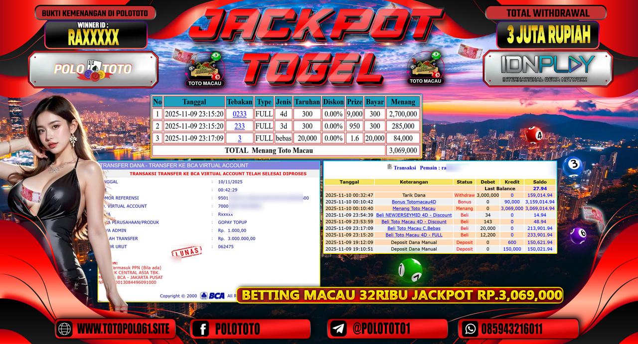 POLOTOTO JACKPOT TOGEL MENANG TOTO MACAU Rp.3.000.000,- LUNAS