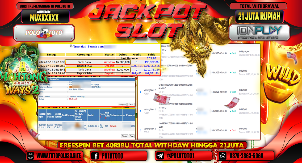 POLOTOTO JACKPOT SLOT MAHJONG WAYS 2 Rp.21.000.000,-