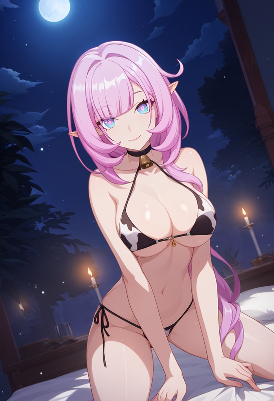1girl, elysia (honkai impact), cow bikini, shiny skin, glowing hair, small breas s-3321462124