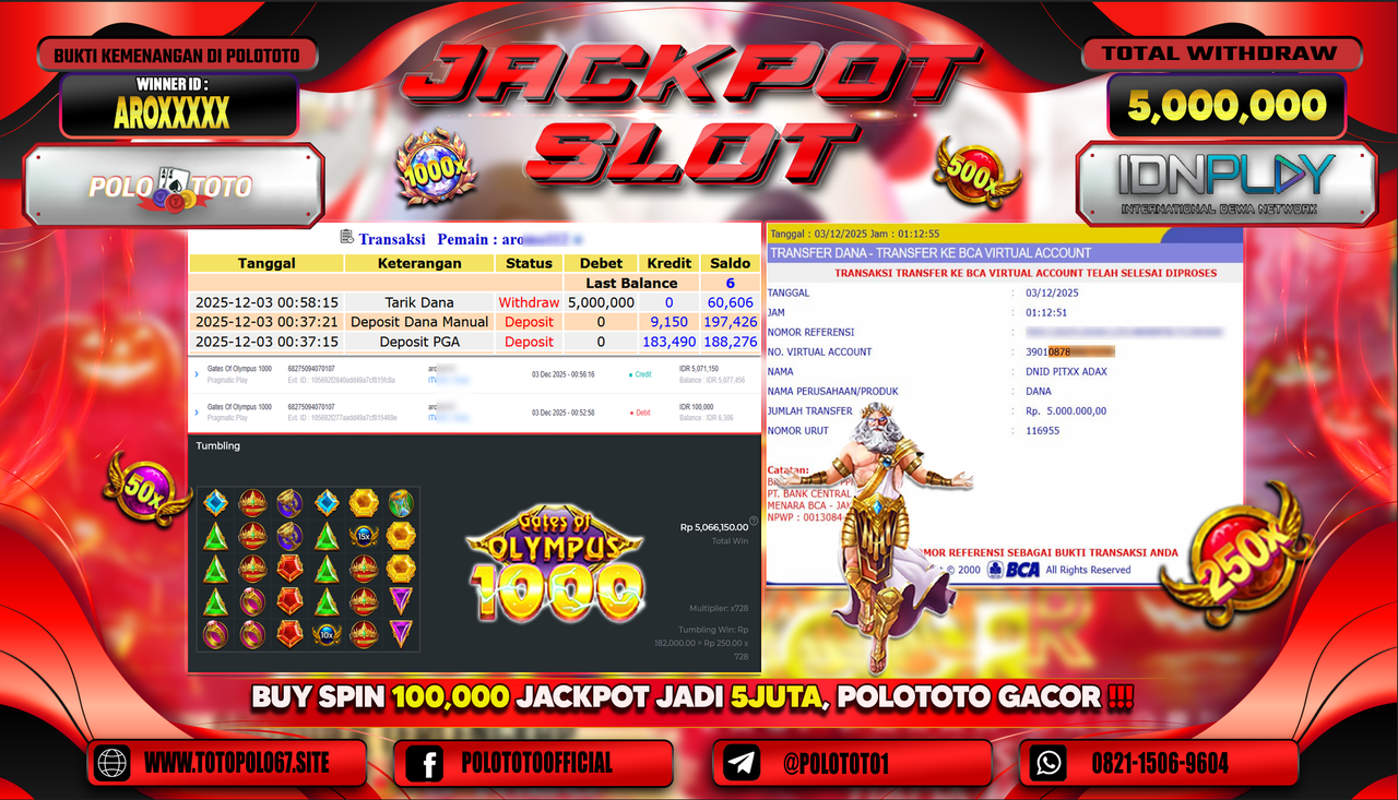 POLOTOTO JACKPOT SLOT GATES OF OLYMPUS 1000 Rp.5.000.000,- LUNAS