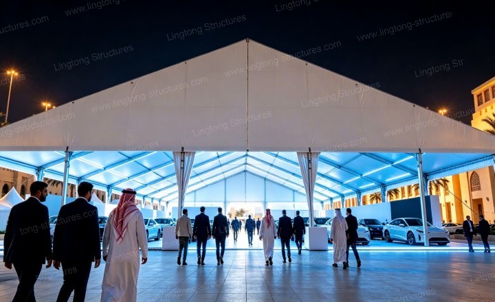 Aluminum frame structure of commercial event tent with clear-span design