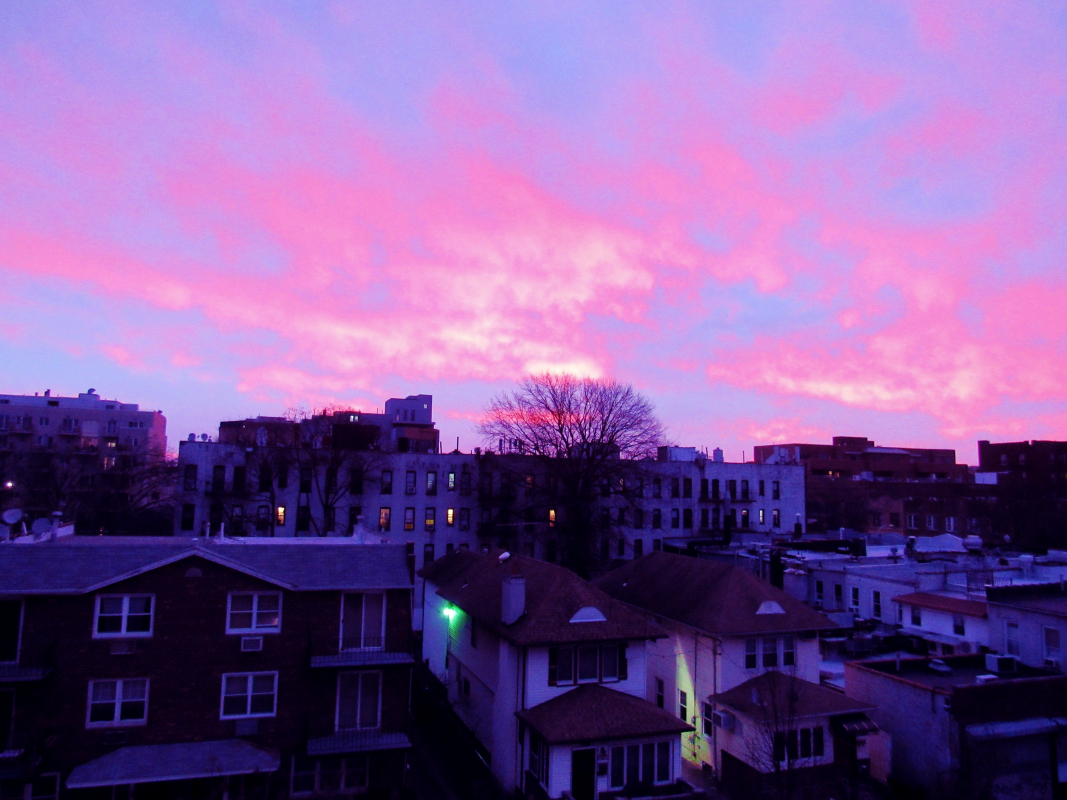 a photograph of a dawn skyline peeking out behind houses, a mix of pinks and blues
