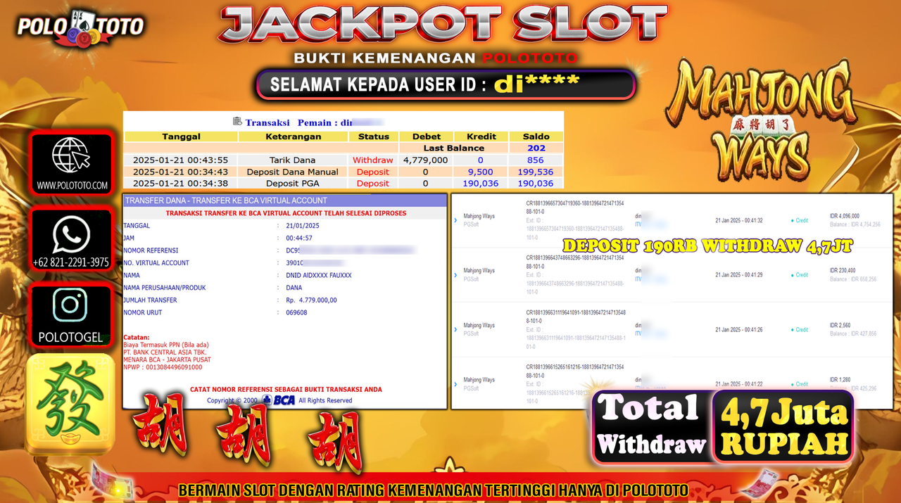 POLOTOTO JACKPOT SLOT MAHJONG WAYS Rp.4,779.000,-