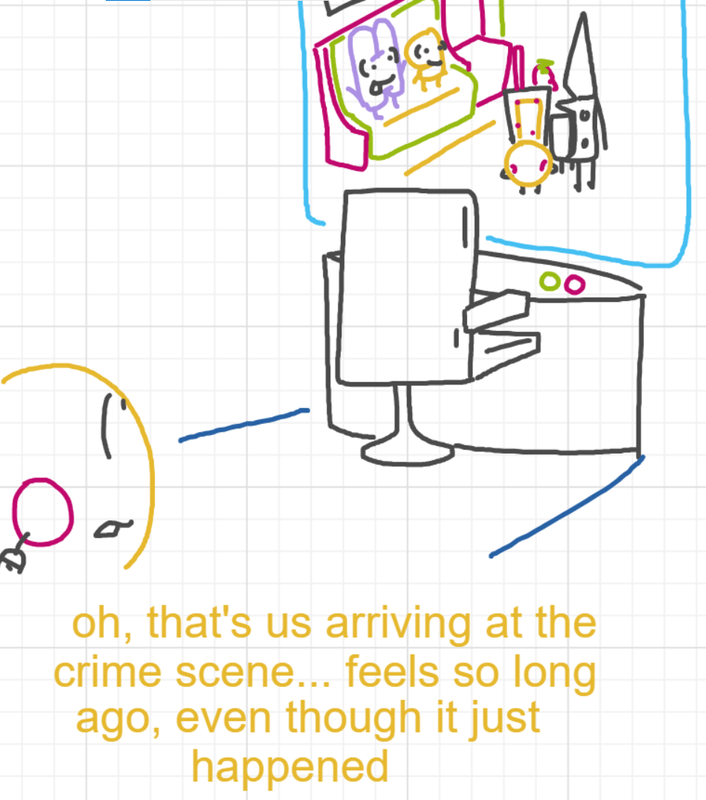 A panel from A Murder On The, episode six of the Board Boards object show by Furretwalk/WalkingFurret.