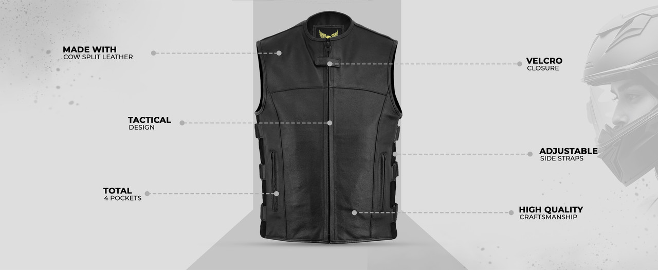 Leatherick men's collarless tactical style leather warrior motorcycle waistcoat vest black UK Stock - Fast Shipping