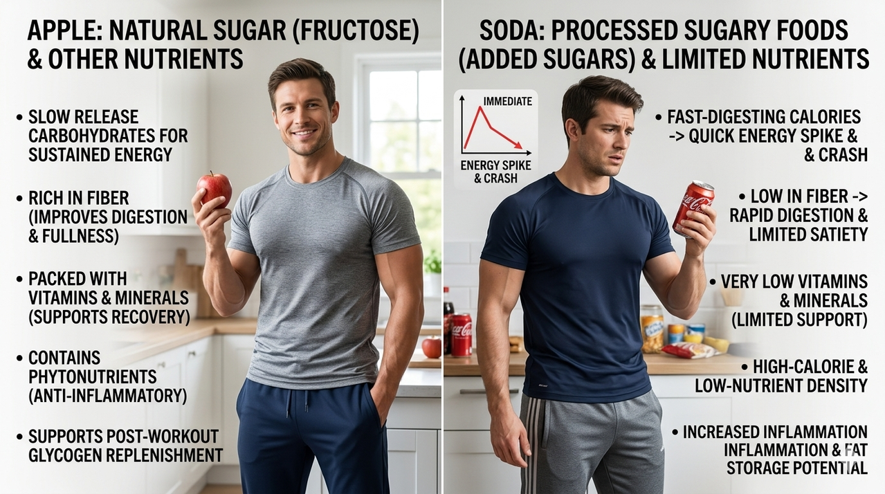 Comparison of apple and soda showing sugar content difference for is fruit good for bodybuilding natural sugar vs processed debate