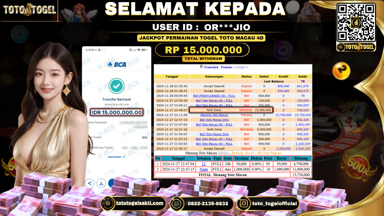 Bukti Pembayaran Jackpot Permainan Togel Toto Macau 4D ID: OR***JIO LUNAS 
