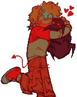 the first gif of a drawing by eonslice. it shows c!tommy hugging a large shroud, one leg kicked up and eyes closed, crying in happiness. tommy is in a shite t-shirt with red sleeves and has a white longsleeve shirt underneath. he is also wearing scratched up tan cargo pants and red and white sneakers. tommy's hair has a white streak and he has small neon red demon horns and tail. shroud's legs are scrunched up and he is looking at tommy, and there are hearts radiating from them both. the drawing is sketchy with a heavy orange filter over top, and has been resized to be smaller and edited so it mildly tilts to the left and back.