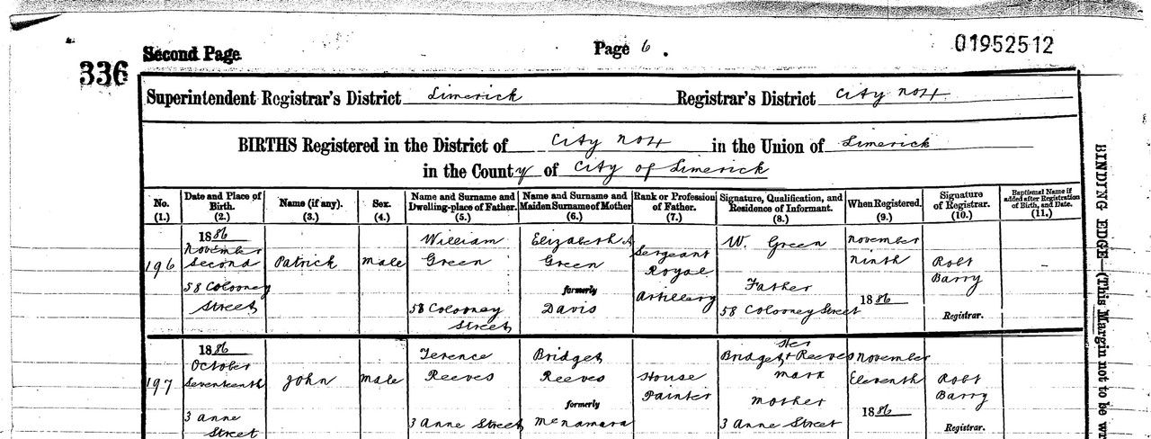 John J REEVES Birth Record