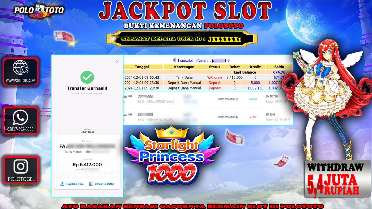 POLOTOTO JACKPOT SLOT STARLIGHT PRINCESS 1000 Rp.5,412.000,-