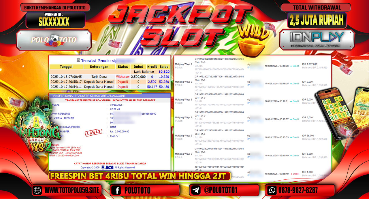 POLOTOTO JACKPOT SLOT MAHJONG WAYS 2 Rp.2.500.000,- LUNAS