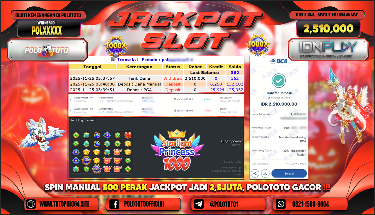 POLOTOTO JACKPOT SLOT STARLIGHT PRINCESS 1000 Rp.2.510.000,- LUNAS