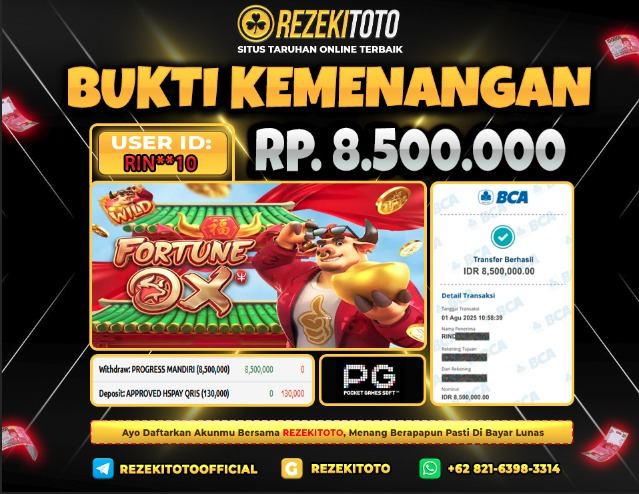 BUKTI KEMENANGAN 1 AGUSTUS 2025 FORTUNE OX 8 JUTA 