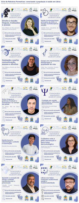 Montagem com dez cards de divulgação de palestras on-line sobre saúde e Libras, com temas como SUS, gestação e parto, fisioterapia, saúde psicológica, odontologia, dermatologia, cardiologia e tradução audiovisual.