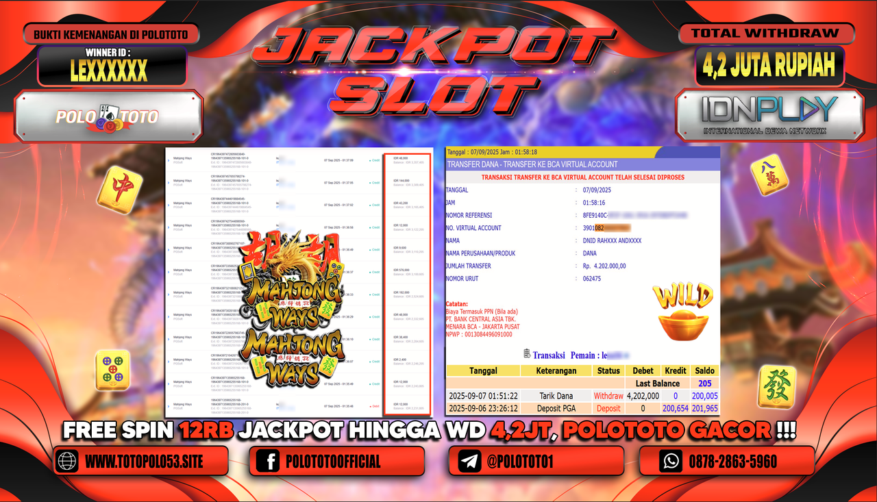 POLOTOTO JACKPOT SLOT MAHJONG WAYS Rp.4.202.000,-