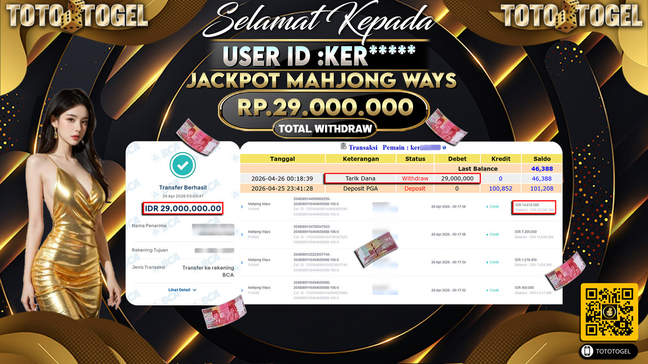 Bukti Pembayaran Jackpot Permainan Slot Mahjong Ways ID:KER*****LUNAS