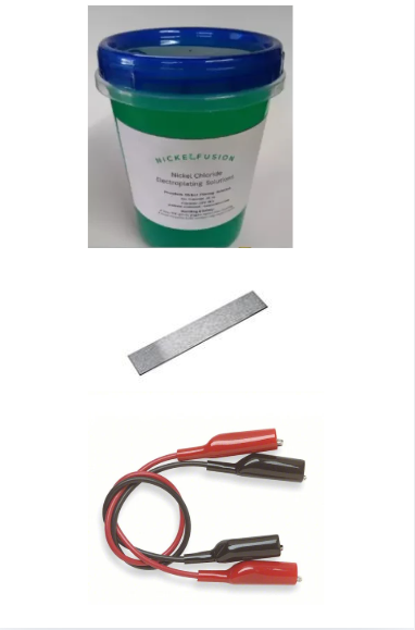Nickel plating starter kit beginner setup with solution, nickel anode, lead clips, and quick start guide