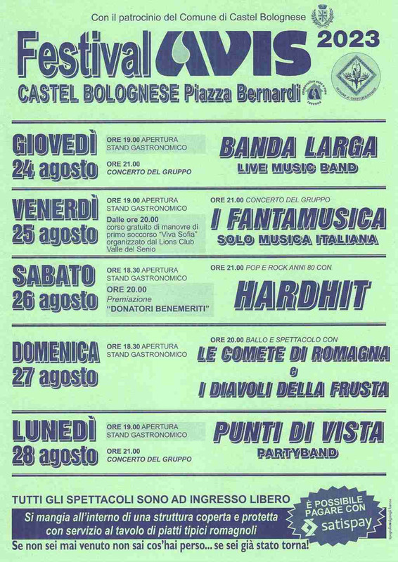 Festival Avis a Castel Bolognese dal 24 al 28 agosto 2023 Festival Avis a Castel Bolognese dal 24 al 28 agosto 2023