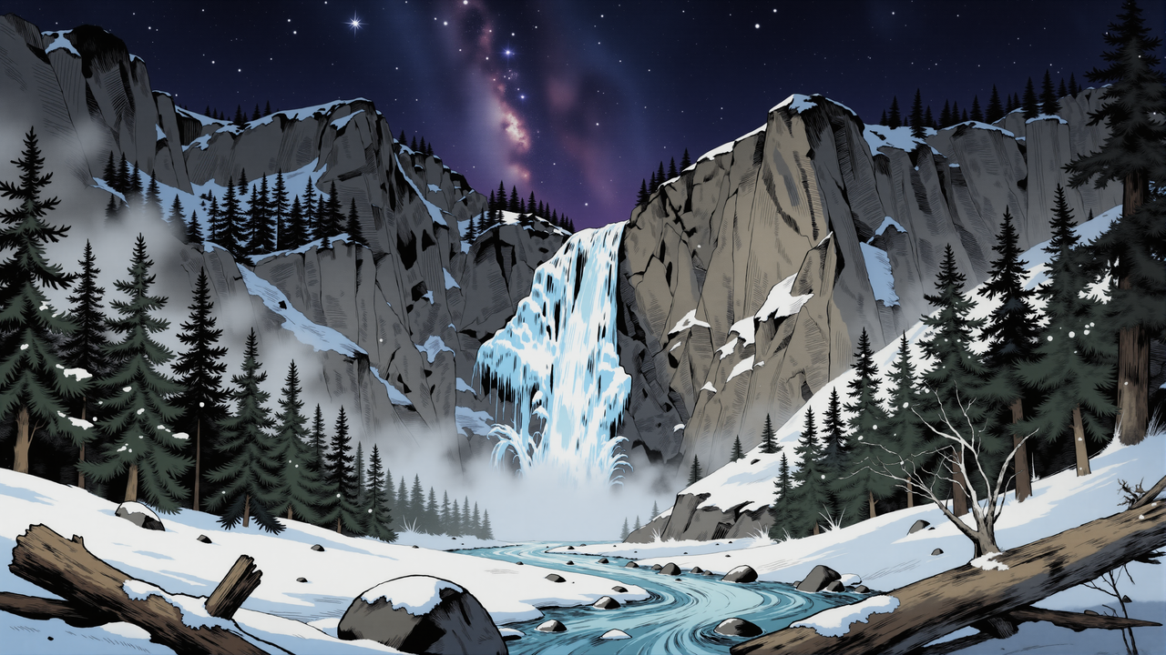 Winter Mountain Cascade Night No Texture