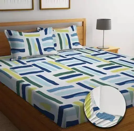 Fitted Cotton king size bedsheet with elastic and 2 pillow cover Color 2 (R602)